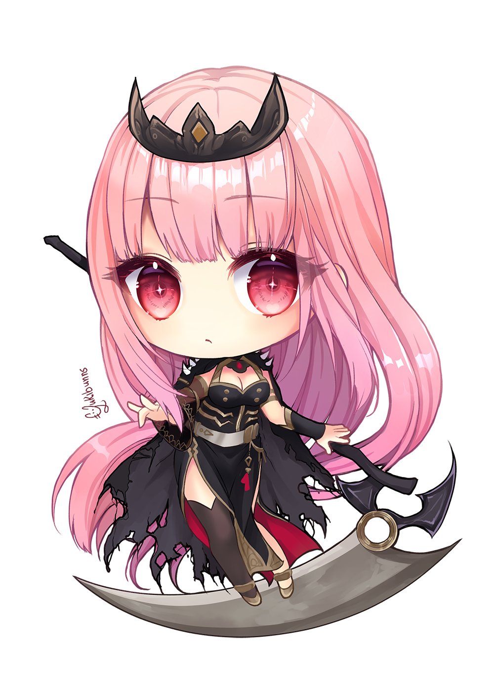 yukibunns, mori calliope, mori calliope (1st costume), hololive, hololive english, commentary, english commentary, highres, + +, 1girl, absurdly long hair, artist name, bare shoulders, black cape, black dress, black thighhighs, black tiara, blunt bangs, blush, breasts, bright pupils, brown shoes, buttons, cape, chibi, chibi only, cleavage, closed mouth, double-breasted, dress, frown, full body, holding, holding scythe, long hair, no nose, pelvic curtain, pink hair, red eyes, scythe, shoes, simple background, single thighhigh, sleeveless, sleeveless dress, small breasts, solo, standing, thighhighs, tiara, two-sided dress, two-sided fabric, very long hair, virtual youtuber, white background, white pupils