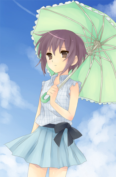 hijiki (hijikini), hijikini, nagato yuki, suzumiya haruhi no yuuutsu, 00s, 1girl, brown eyes, casual, female focus, short hair, solo, umbrella