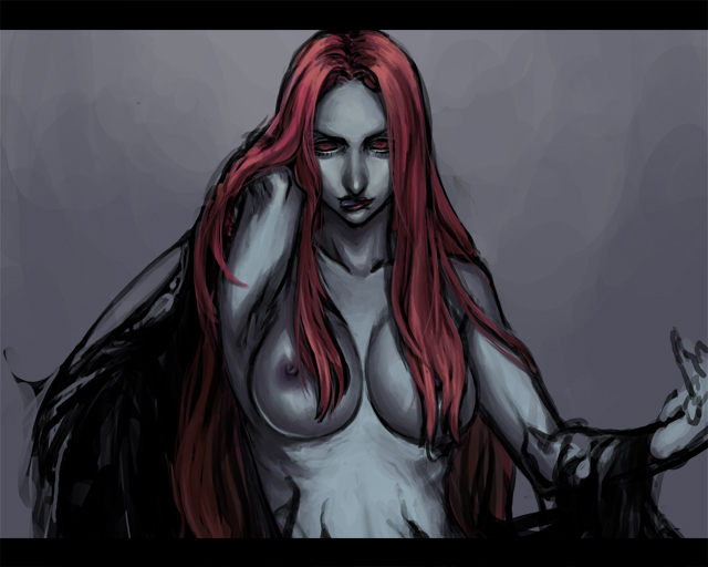 aka gan k, akagishi k, nevan, capcom, devil may cry, devil may cry (series), devil may cry 3, 00s, 1girl, breasts, censored, convenient censoring, demon girl, female focus, hair over breasts, large breasts, long hair, nipples, red eyes, red hair, solo, tongue, topless female
