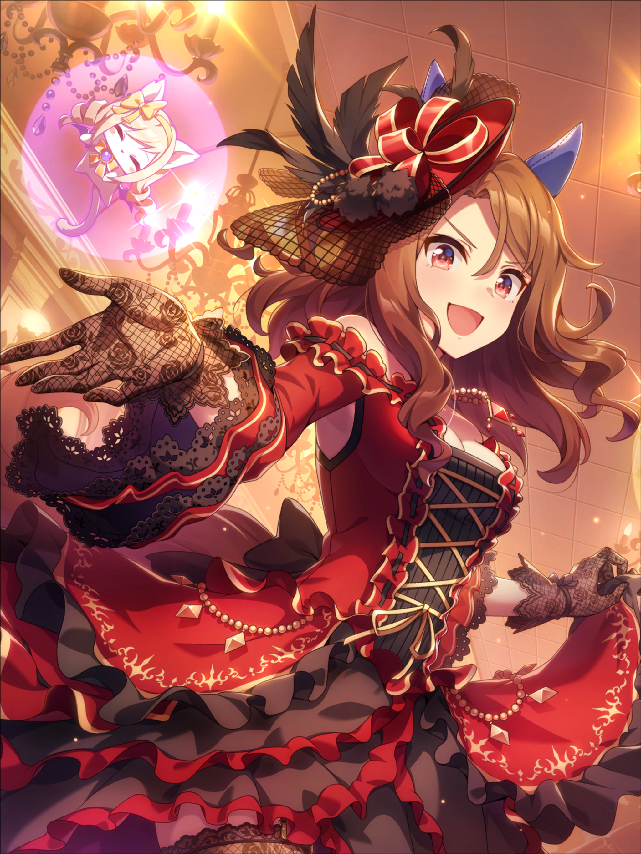 king halo (tonight we waltz) (umamusume), king halo (umamusume), umamusume, absurdres, artist request, game cg, highres, official art, 1girl, animal ears, bare shoulders, black gloves, breasts, brown hair, cleavage, clothes lift, dress, dress lift, ear covers, from side, gloves, horse ears, horse girl, lace, lace gloves, long hair, looking at viewer, medium breasts, off-shoulder dress, off shoulder, official alternate costume, open mouth, red dress, red eyes, smile, solo