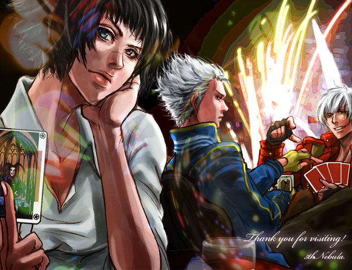 henyo, dante (devil may cry), jester (dmc3), lady (devil may cry), vergil (devil may cry), capcom, devil may cry, devil may cry (series), devil may cry 3, bad id, bad pixiv id, 00s, 1girl, 2boys, aerial fireworks, black hair, brothers, card, chair, fireworks, head rest, heterochromia, holding, holding card, joker (playing card), multiple boys, playing card, poker, popped collar, siblings, white hair