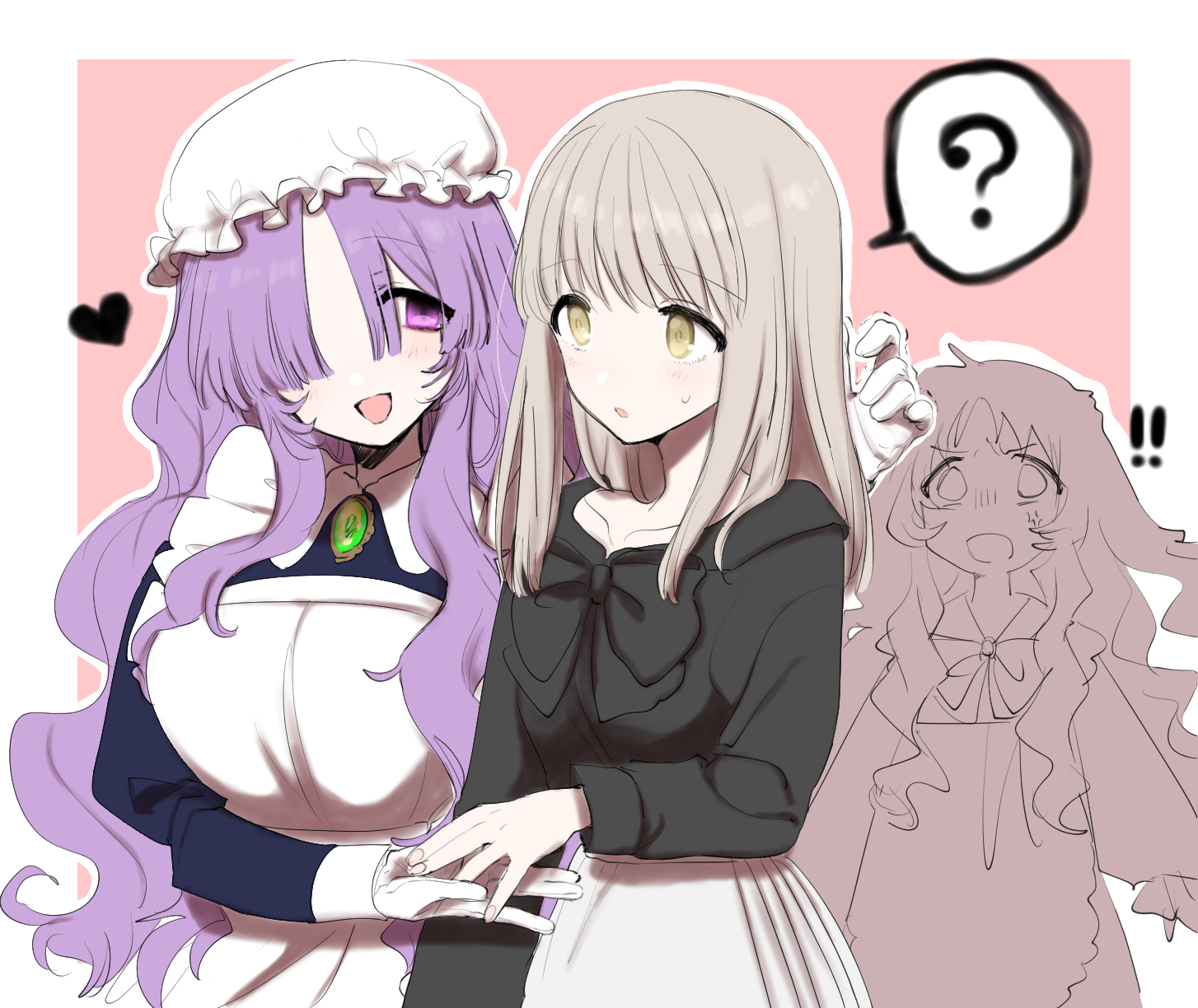 eurasia (wtp09ptw14), francoise (eurasia), original, commentary request, highres, !, !!, 3girls, :d, ?, apron, black bow, black shirt, border, bow, breasts, brooch, gem, gloves, green gemstone, grey hair, hair over one eye, hat, heart, holding hands, jewelry, large breasts, long hair, long sleeves, looking at another, maid, maid apron, mob cap, multiple girls, one eye covered, open mouth, outside border, parted bangs, pink background, purple eyes, purple hair, shirt, skirt, small sweatdrop, smile, speech bubble, spoken question mark, white apron, white border, white gloves, white hat, white skirt, wispy bangs, yellow eyes, yuri