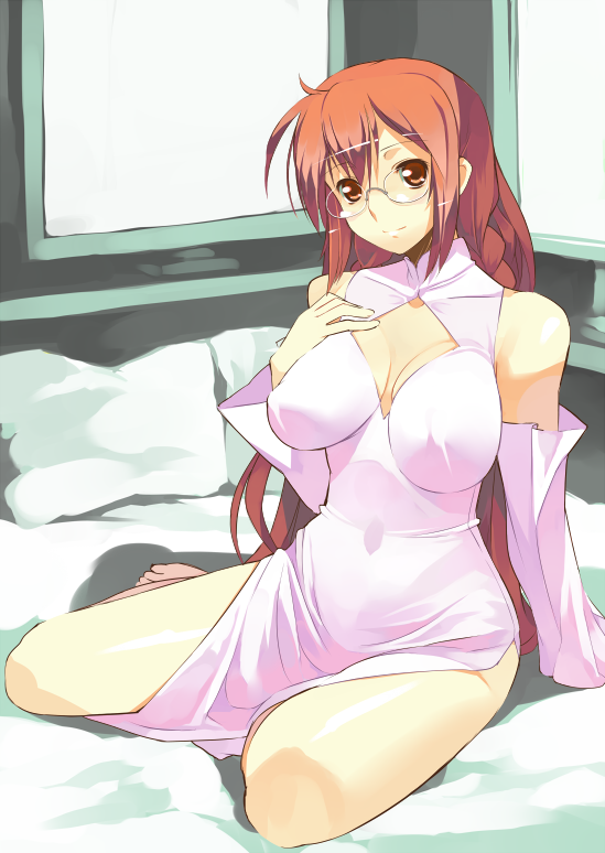 ryuuta, ryuuta (msxtr), matsu (sekirei), sekirei, 00s, 1girl, barefoot, braid, breasts, brown eyes, detached sleeves, dress, female focus, glasses, kneeling, large breasts, long hair, red hair, sitting, solo