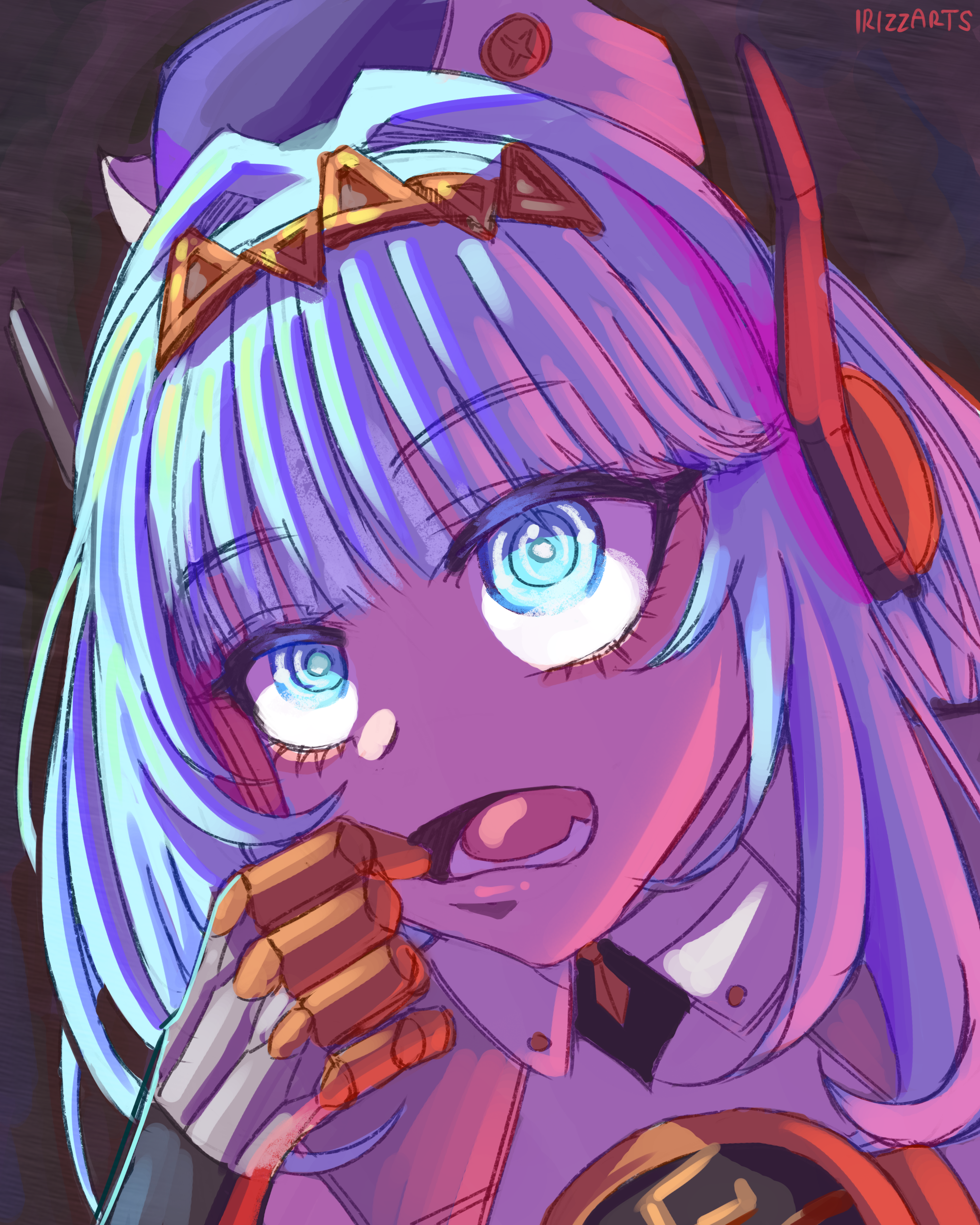 ineffa (genshin impact), genshin impact, absurdres, commentary, highres, 1girl, artist name, blue eyes, blue hair, hat, irizzarts, medium hair, mouth pull, open mouth, portrait, solo