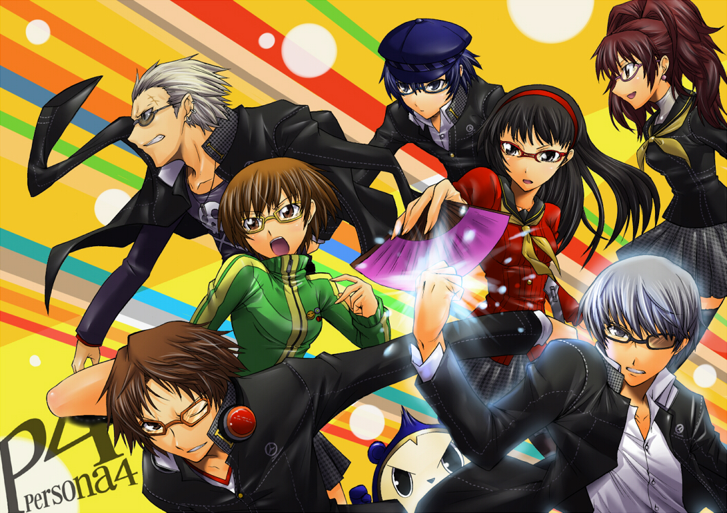 segami daisuke, amagi yukiko, hanamura yousuke, kujikawa rise, kuma (persona 4), narukami yu, satonaka chie, shirogane naoto, tatsumi kanji, atlus, persona, persona 4, 3girls, 4boys, everyone, glasses, hand fan, hat, multiple boys, multiple girls, orange-framed eyewear, pantyhose, red-framed eyewear, school uniform, serafuku, yellow-framed eyewear