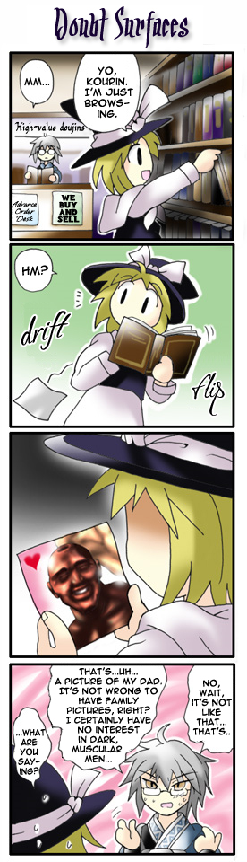 morogami ryou, kirisame marisa, morichika rinnosuke, cho aniki, curiosities of lotus asia, touhou, silver hair, hard-translated, long image, tall image, third-party edit, 1boy, 1girl, 4koma, blonde hair, comic, english text, hat, photo (object)