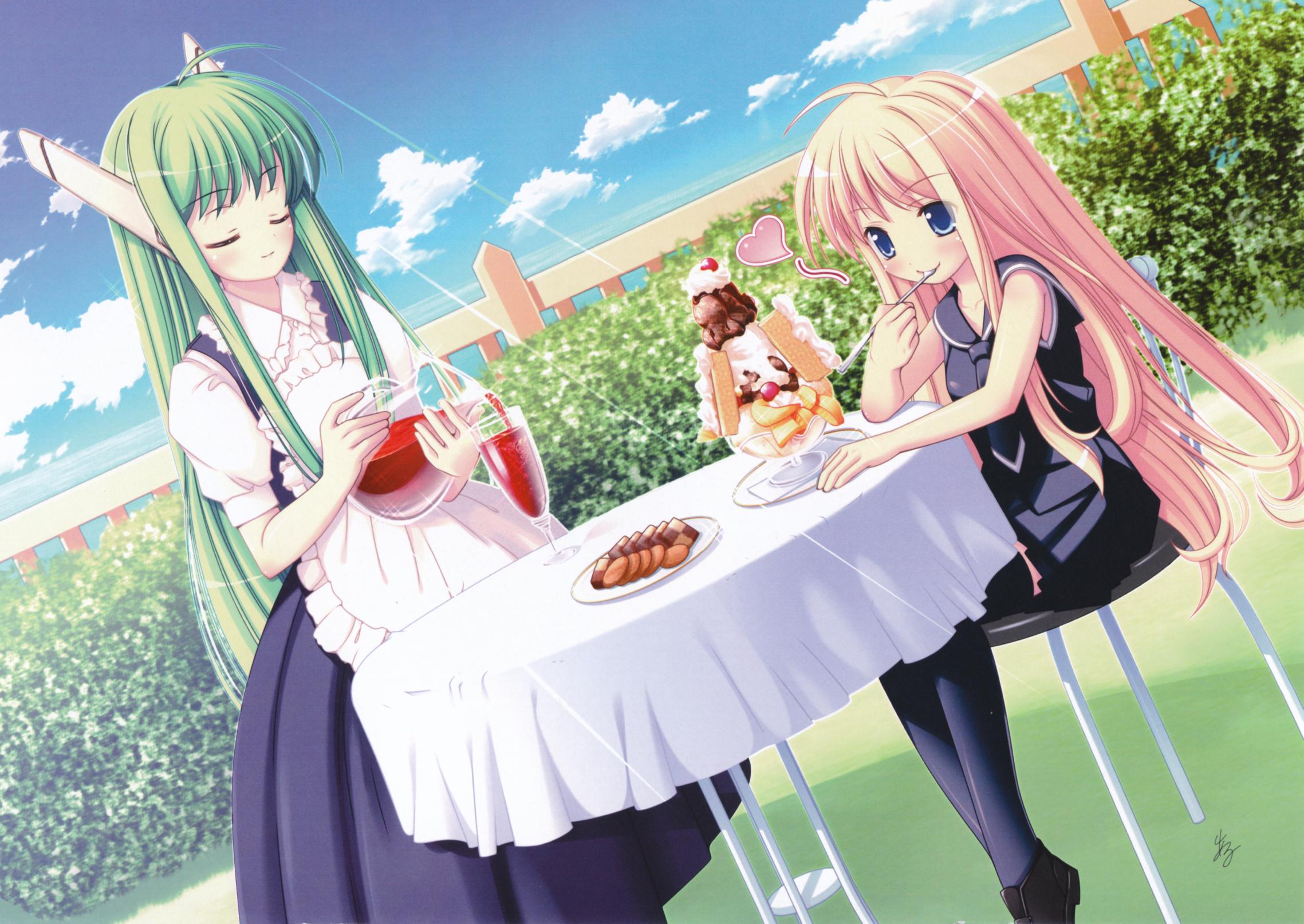 al azif (artist), aru (abyssinia), evangeline a.k. mcdowell, karakuri chachamaru, mahou sensei negima!, highres, 00s, 2girls, apron, blonde hair, blue eyes, chair, closed eyes, dress, eating, food, glass, green hair, heart, ice cream, long hair, maid, maid apron, multiple girls, pitcher (container), robot ears, sitting, skirt, smile, table, thighhighs, vampire, zettai ryouiki