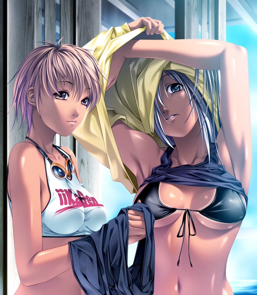 rezi, original, silver hair, bad id, bad pixiv id, 2girls, armpits, arms up, bikini, bikini tan, bikini top only, blue eyes, blue hair, breasts, clothes lift, day, front-tie top, goggles, goggles around neck, grey eyes, large breasts, long hair, looking at viewer, multiple girls, ocean, parted lips, pink eyes, pink hair, shiny skin, shirt lift, short hair, sky, swimsuit, tan, tank top, tanline, underboob, undressing