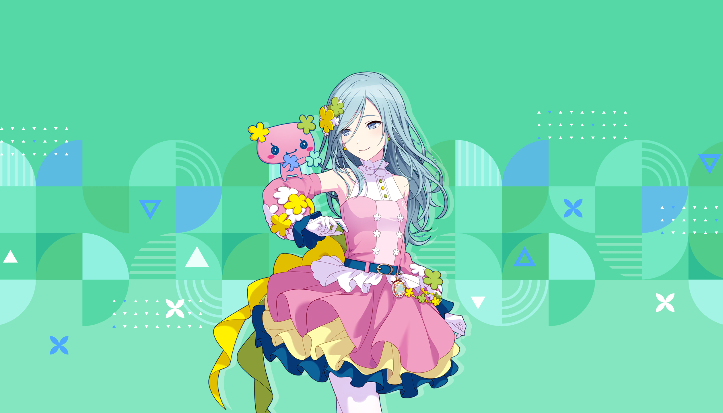 colorful palette, hinomori shizuku, project sekai, tamagotchi, game cg, highres, official art, third-party source, 1girl, alternate costume, belt, black belt, blue eyes, blue hair, breasts, closed mouth, detached sleeves, dress, furawatchi, gloves, green background, hair between eyes, hair ornament, holding, long hair, long sleeves, mole, mole under mouth, pantyhose, pink dress, pink sleeves, smile, tamagotchi (creature), tamagotchi (virtual pet), triangle, virtual pet (toy), white gloves, white pantyhose