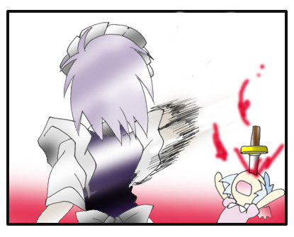 morogami ryou, izayoi sakuya, remilia scarlet, touhou, lowres, blood, blue hair, comic, female focus, hat, knife, short hair, throwing knife, weapon