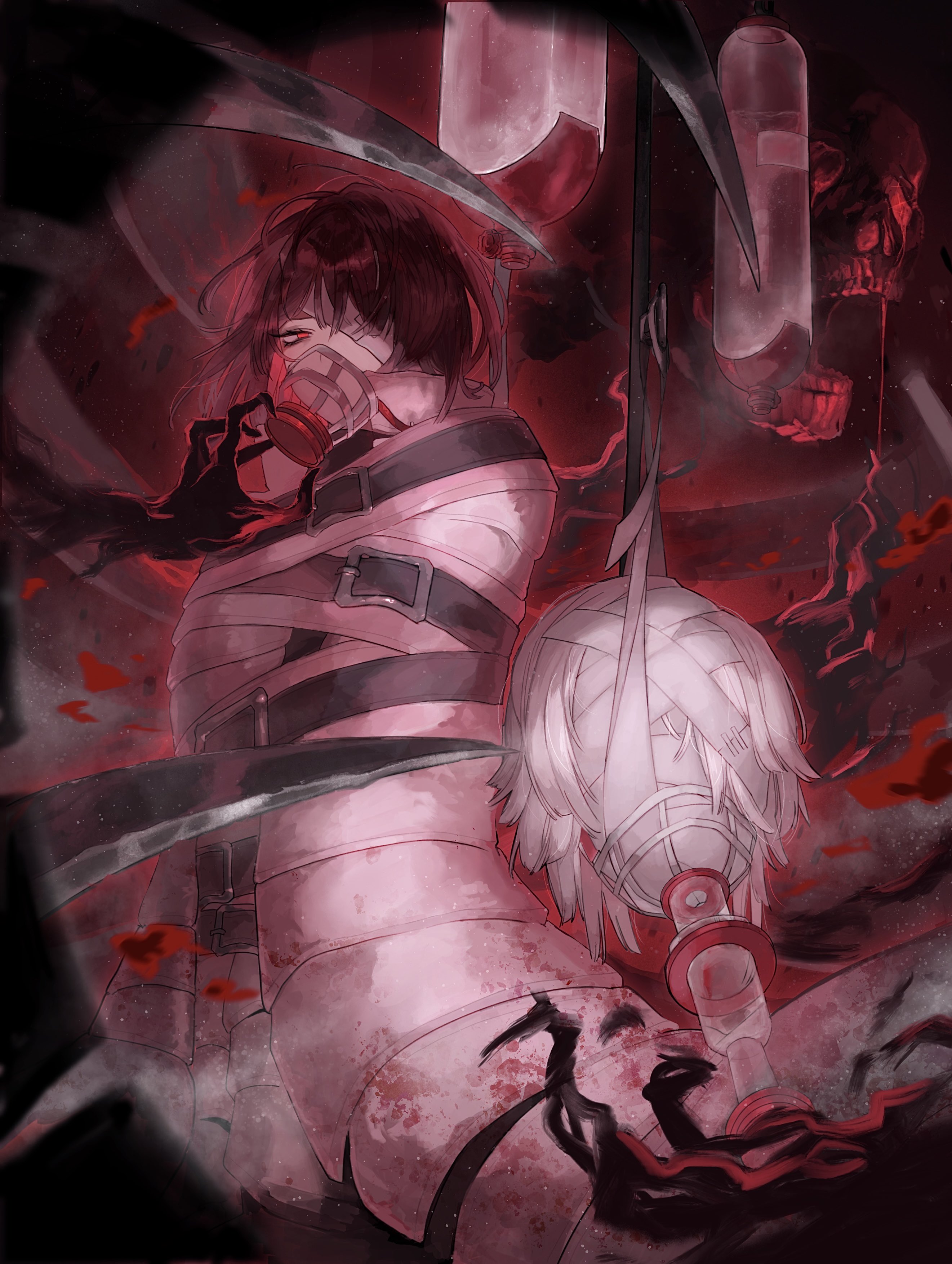 faust (project moon), ryoshu (project moon), limbus company, project moon, absurdres, highres, 2girls, arr 1l, belt, black belt, black fire, black hair, bob cut, claws, coat, e.g.o (project moon), fire, iv stand, looking at viewer, mask, multiple girls, oxygen mask, red eyes, respirator, short hair, sleeping bag of a bygone day, standing, straitjacket, tank (container), thoracalgia (e.g.o), upper body, white coat, white hair