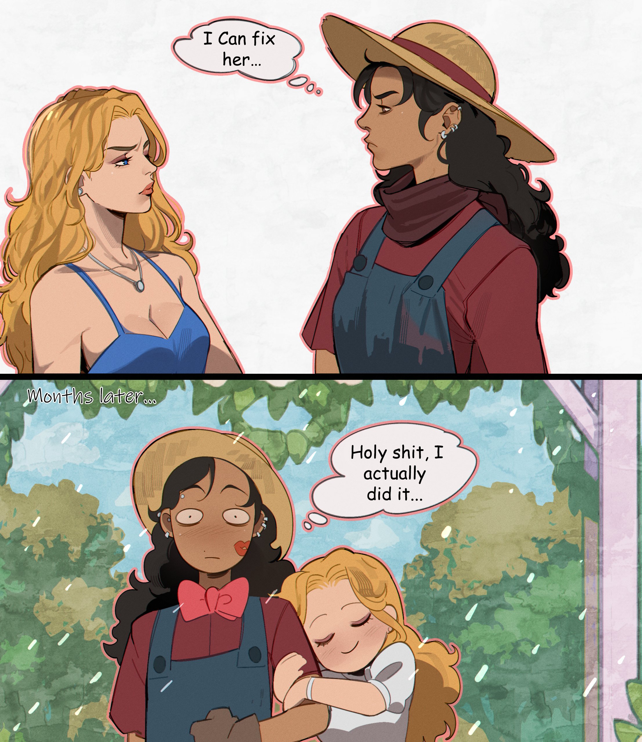 omy-chan, original, stardew valley, absurdres, highres, 2girls, bare shoulders, black hair, blonde hair, blush, breasts, cleavage, collarbone, couple, dark-skinned female, dark skin, english text, large breasts, long hair, multiple girls, shirt, smile, yuri