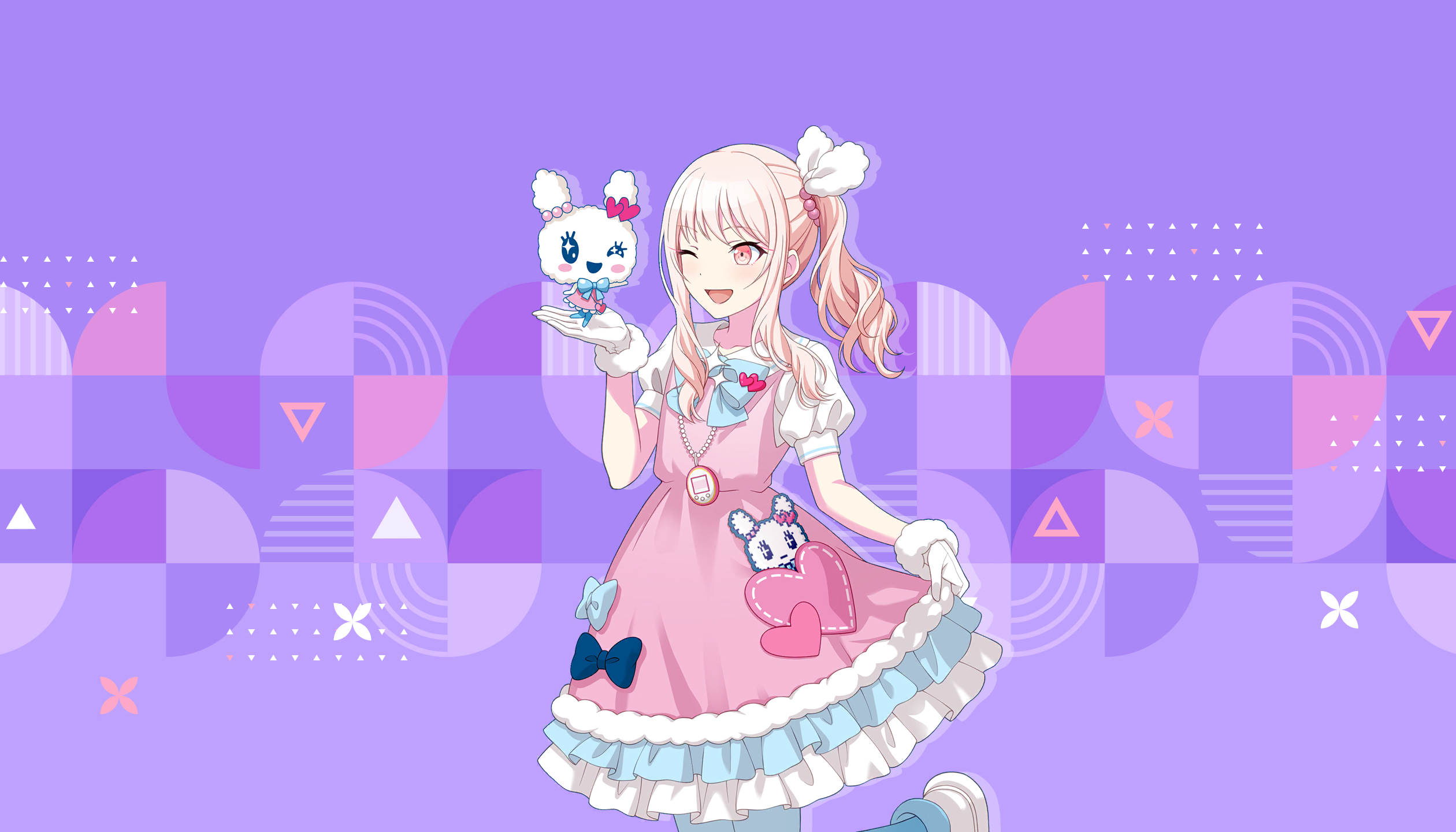 colorful palette, akiyama mizuki, lovelitchi, project sekai, tamagotchi, game cg, highres, official art, third-party source, 1other, ;d, alternate costume, blue bow, blue bowtie, blue pantyhose, blush, bow, bowtie, dot nose, dress, frilled dress, frills, gloves, hair ornament, heart, holding, jewelry, necklace, one eye closed, open mouth, pantyhose, pink eyes, puffy short sleeves, puffy sleeves, purple background, shoes, short sleeves, side ponytail, sidelocks, smile, tamagotchi (creature), tamagotchi (virtual pet), tongue, triangle, virtual pet (toy), white gloves, white shoes