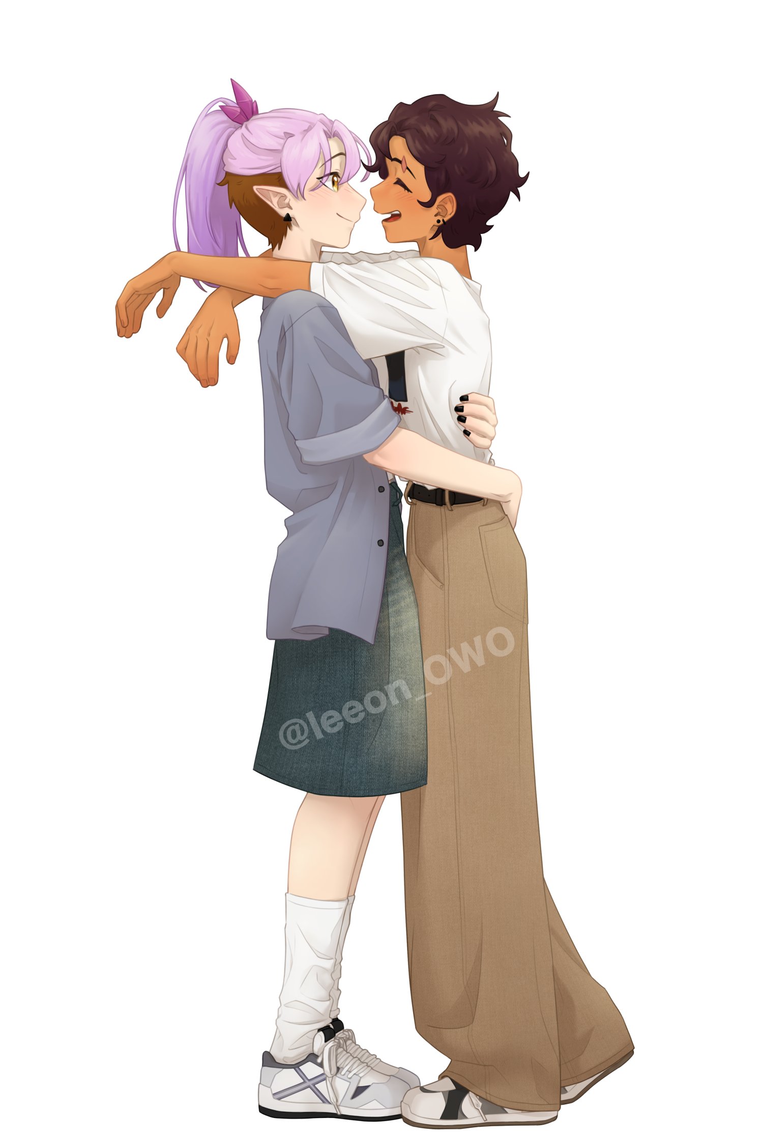 amity blight, luz noceda, the owl house, highres, 2girls, baggy pants, brown hair, couple, dark-skinned female, dark skin, eyebrow cut, from side, happy, hug, leeon owo 8, looking at another, multiple girls, pants, pointy ears, ponytail, purple hair, shoes, simple background, skirt, smile, sneakers, socks, yuri