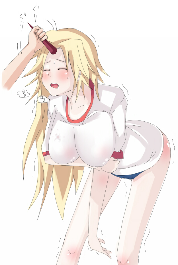 ryouma (galley), hoshiguma yuugi, touhou, bad id, bad pixiv id, 1girl, bent over, blonde hair, blouse, blush, breasts, female focus, gym uniform, hanging breasts, hornjob, horns, huge breasts, impossible clothes, impossible shirt, long hair, shirt, single horn, solo, solo focus, trembling, uncommon stimulation, white shirt