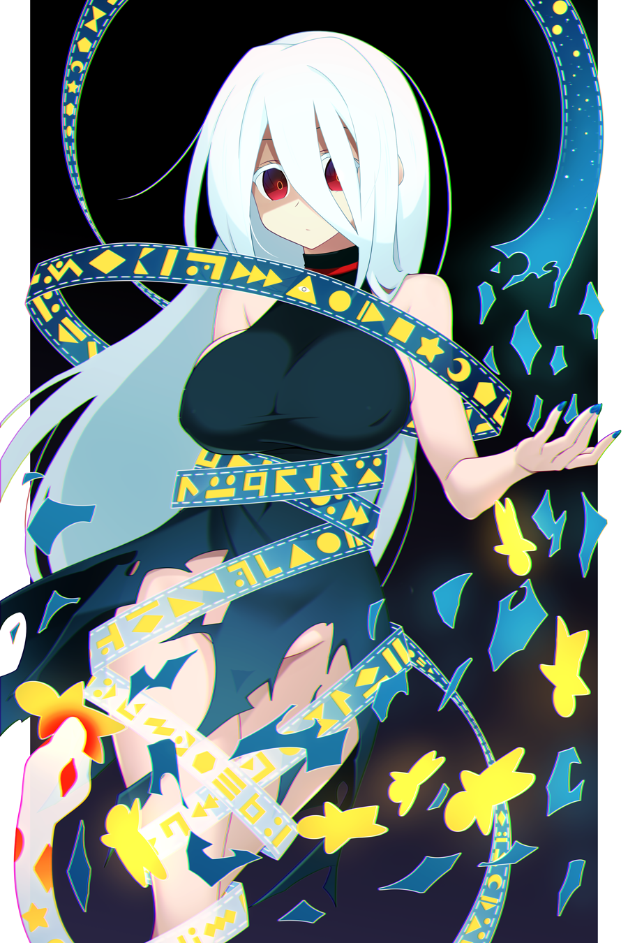 muchin jousha, yuiman asama, touhou, highres, 1girl, bare shoulders, black dress, blue nails, border, breasts, convenient censoring, covered erect nipples, cowboy shot, dress, expressionless, huge breasts, long hair, paper doll, red eyes, ribbon, ribbon around body, sleeveless, sleeveless dress, snake, solo, torn clothes, torn dress, very long hair, white border, white hair