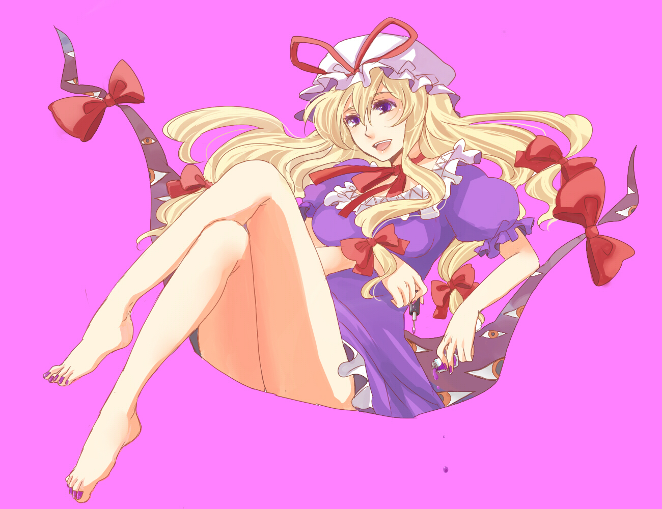 nugaa, yakumo yukari, touhou, bad id, bad pixiv id, 1girl, barefoot, blonde hair, crossed legs, feet, female focus, gap (touhou), hat, legs, long hair, long legs, ribbon, sitting, solo, thighs
