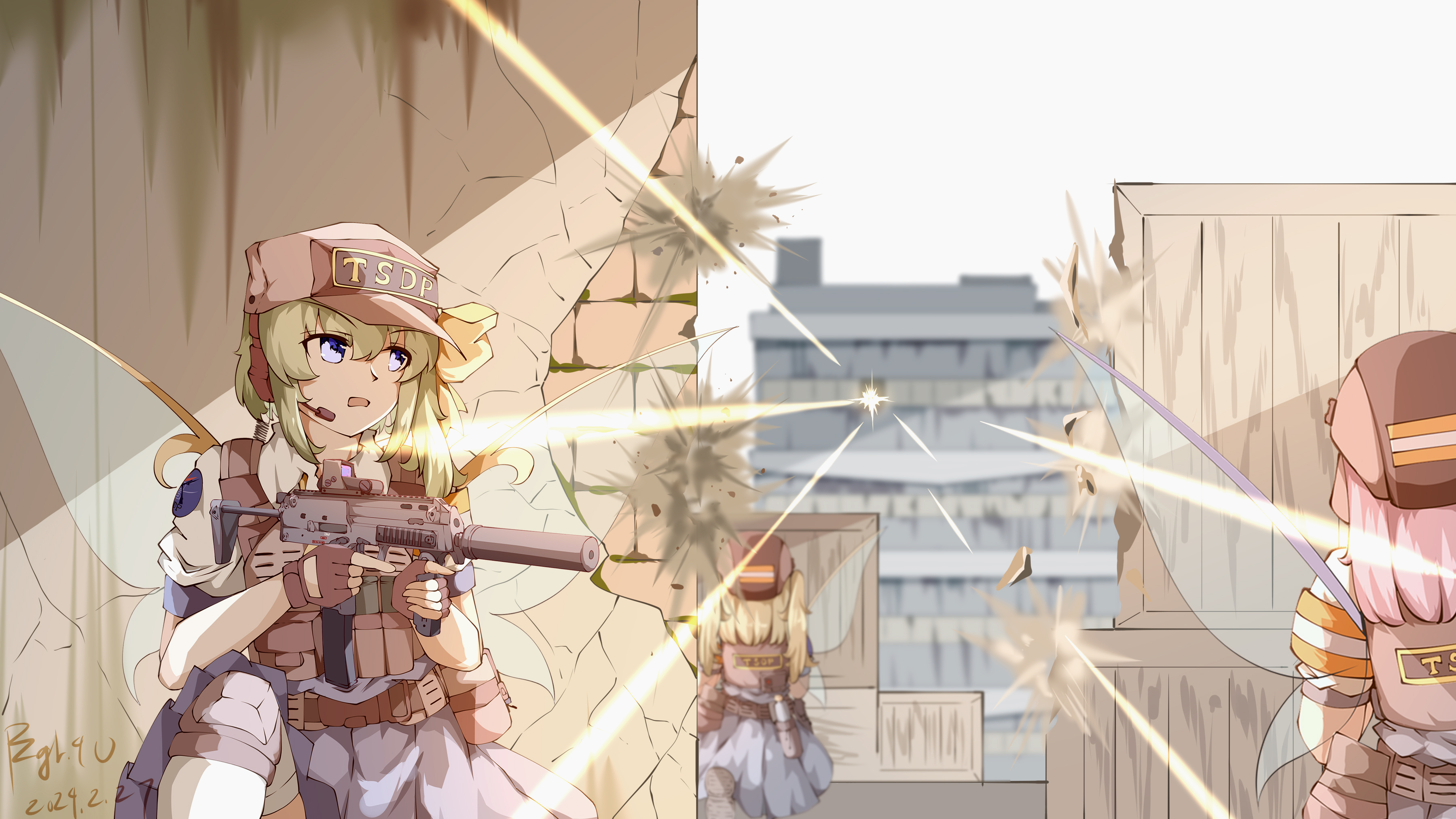 pzgr.40, daiyousei, fairy maid (touhou), touhou, absurdres, highres, baseball cap, blue eyes, bow, building, crate, fairy wings, fingerless gloves, firing, gloves, green hair, gun, h&k mp7, hair bow, hat, helmet, load bearing vest, multiple girls, short sleeves, side ponytail, submachine gun, vest, weapon, wings