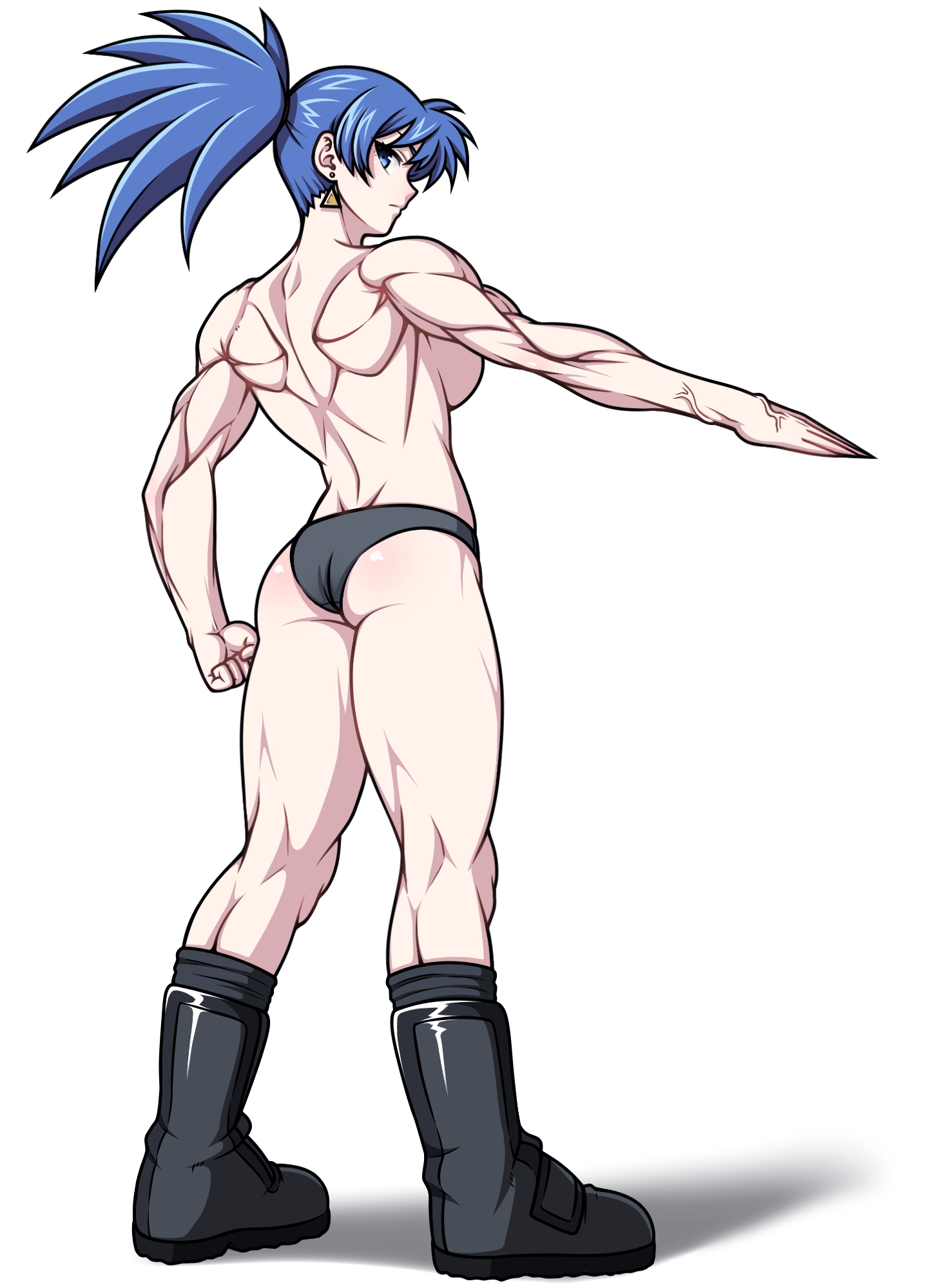 eron, leona heidern, the king of fighters, highres, 1girl, arm at side, ass, backboob, black boots, black panties, blue eyes, blue hair, boots, breasts, closed mouth, eyelashes, female focus, from behind, full body, large breasts, looking at viewer, looking back, medium hair, muscular, muscular arms, muscular back, muscular female, muscular legs, outstretched arm, panties, ponytail, serious, solo, standing, topless female, underwear, underwear only