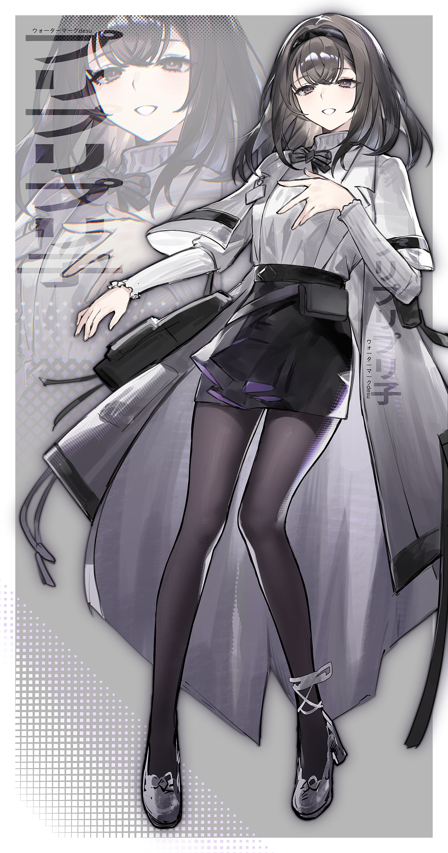 priestess (arknights), arknights, absurdres, commentary, commentary request, highres, 1girl, black hair, black hairband, black skirt, bow, bright pupils, brown pantyhose, coat, full body, grey eyes, grey shoes, hairband, lab coat, long sleeves, medium hair, miniskirt, open clothes, open coat, pantyhose, pencil skirt, shoes, skirt, solo, sweater, turtleneck, turtleneck sweater, unworn coat, white coat, white sweater, yao kkkrrr