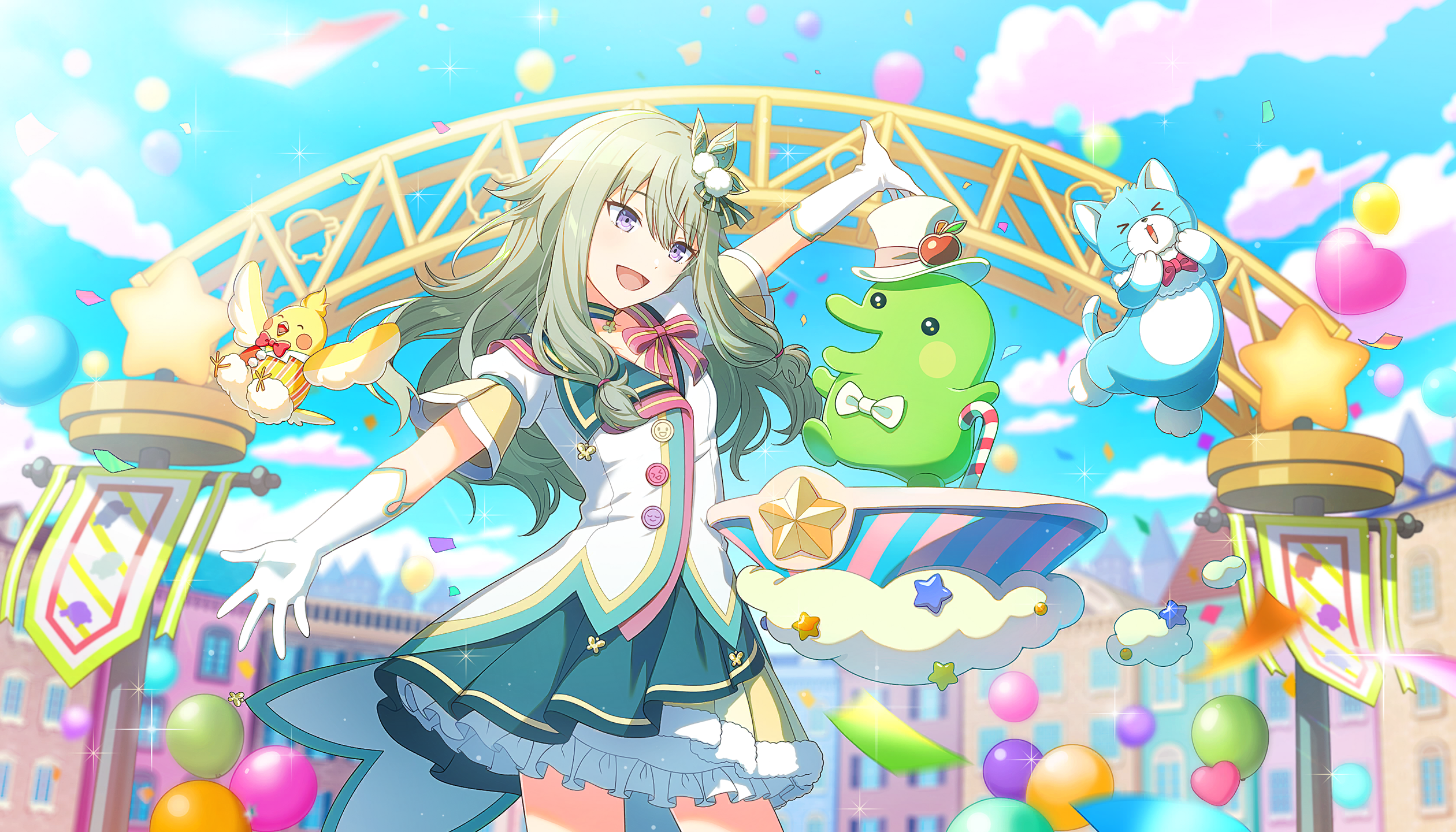 colorful palette, kuchipatchi, kusanagi nene, project sekai, tamagotchi, game cg, highres, official art, third-party source, 1girl, :d, balloon, bird, blue sky, building, cane, cat, cloud, confetti, dress, gloves, green sky, hair ornament, hat, heart balloon, low-tied sidelocks, open mouth, pom pom (clothes), pom pom hair ornament, puffy short sleeves, puffy sleeves, purple eyes, short sleeves, sidelocks, sky, smile, sparkle, tamagotchi (creature), tongue, top hat, white gloves, white hat