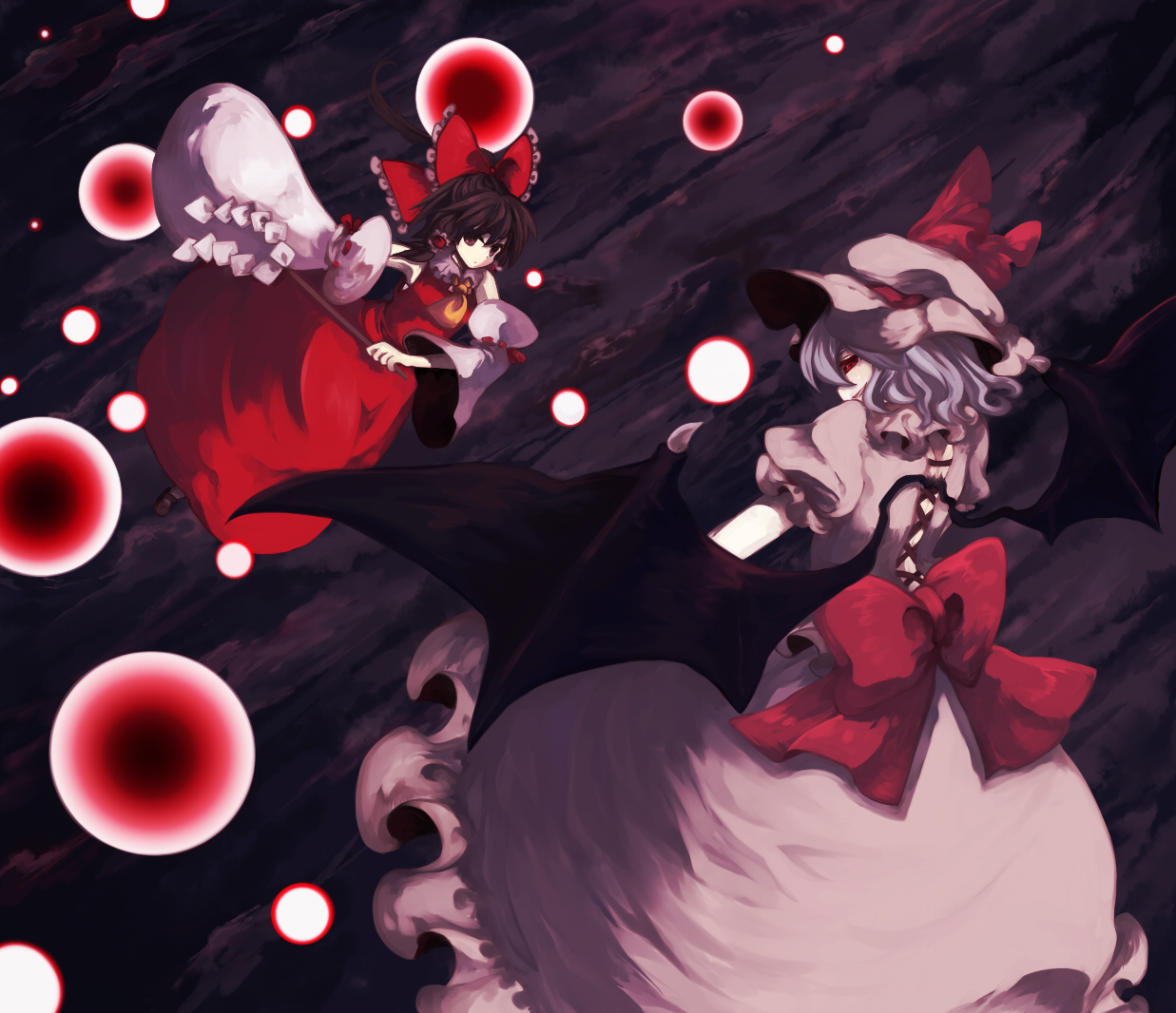 shiina (pixiv23162), shiina aya, hakurei reimu, remilia scarlet, touhou, bad id, bad pixiv id, 2girls, danmaku, female focus, flying, hat, japanese clothes, miko, multiple girls, ribbon, shiina (pixiv), short hair, wings
