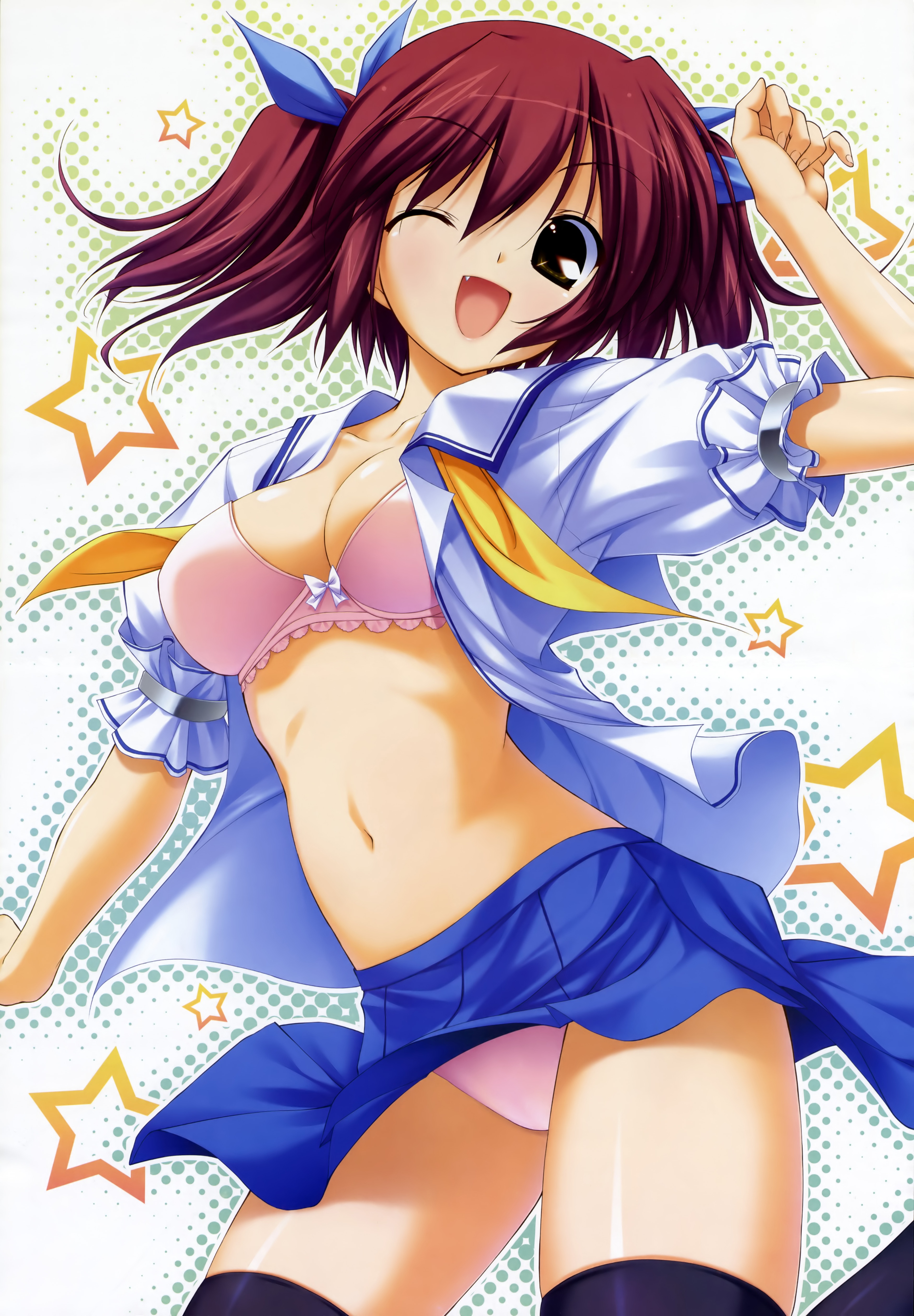 fumio (ura fmo), kuroda yui, hoshiuta, absurdres, highres, scan, 1girl, ;d, black thighhighs, bow, bow bra, bra, breasts, fang, female focus, hair ribbon, halftone, halftone background, large breasts, lingerie, midriff, miniskirt, navel, one eye closed, open clothes, open mouth, open shirt, panties, pink bra, pink panties, ribbon, school uniform, serafuku, shirt, skindentation, skirt, smile, solo, star (symbol), thighhighs, underwear, wind, wind lift, wink