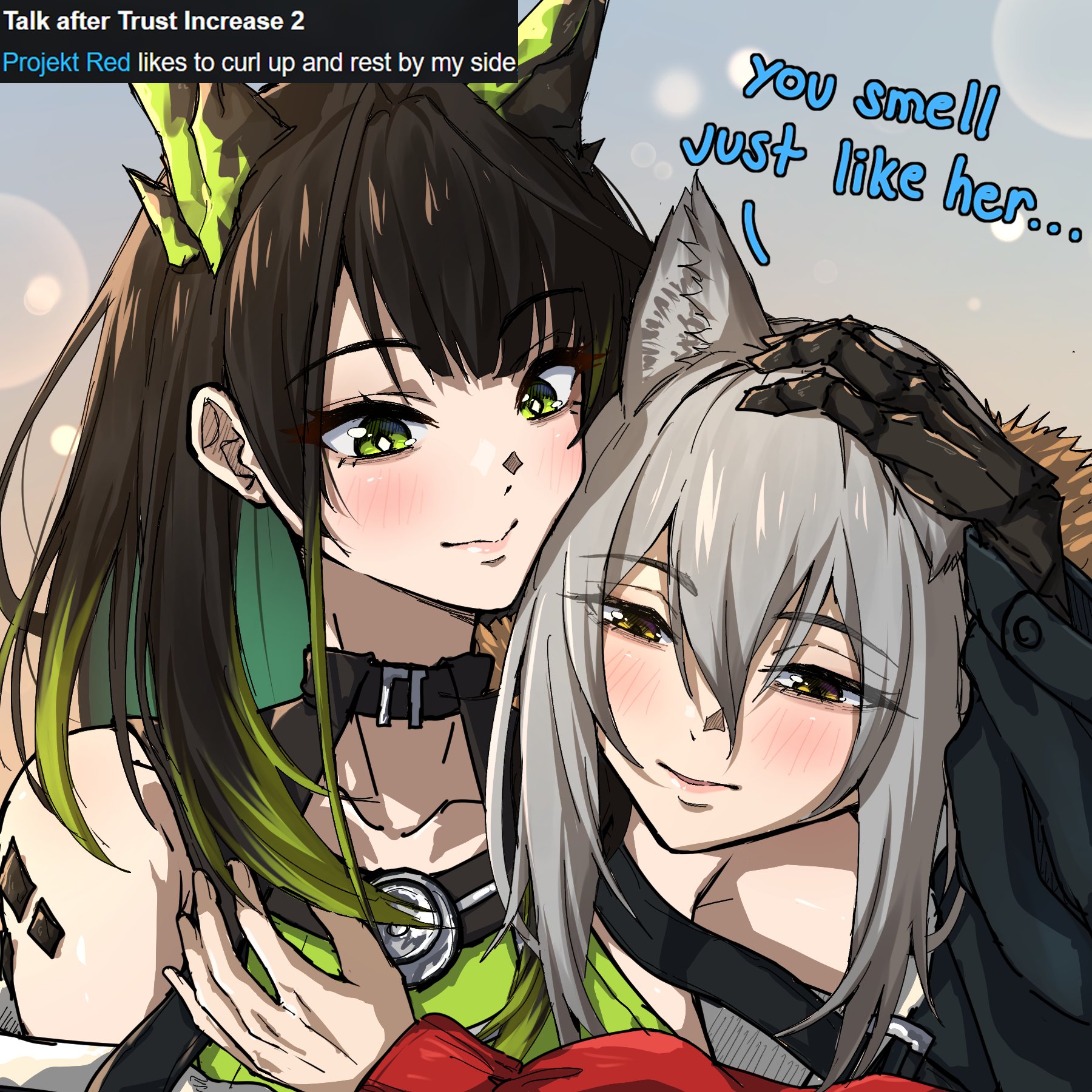 symmetricturd, mon3tr (arknights), projekt red (arknights), arknights, highres, 2girls, animal ears, black hair, blush, dress, english text, fur trim, gradient hair, green dress, green eyes, green hair, grey hair, hair between eyes, hug, jacket, material growth, medium hair, multicolored hair, multiple girls, oripathy lesion (arknights), petting, red jacket, smile, wolf ears, wolf girl