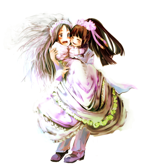 yae (mono110), houraisan kaguya, yagokoro eirin, touhou, 2girls, black hair, blush, dress, female focus, formal clothes, long hair, multiple girls, pant suit, pants, suit, wedding dress, yuri