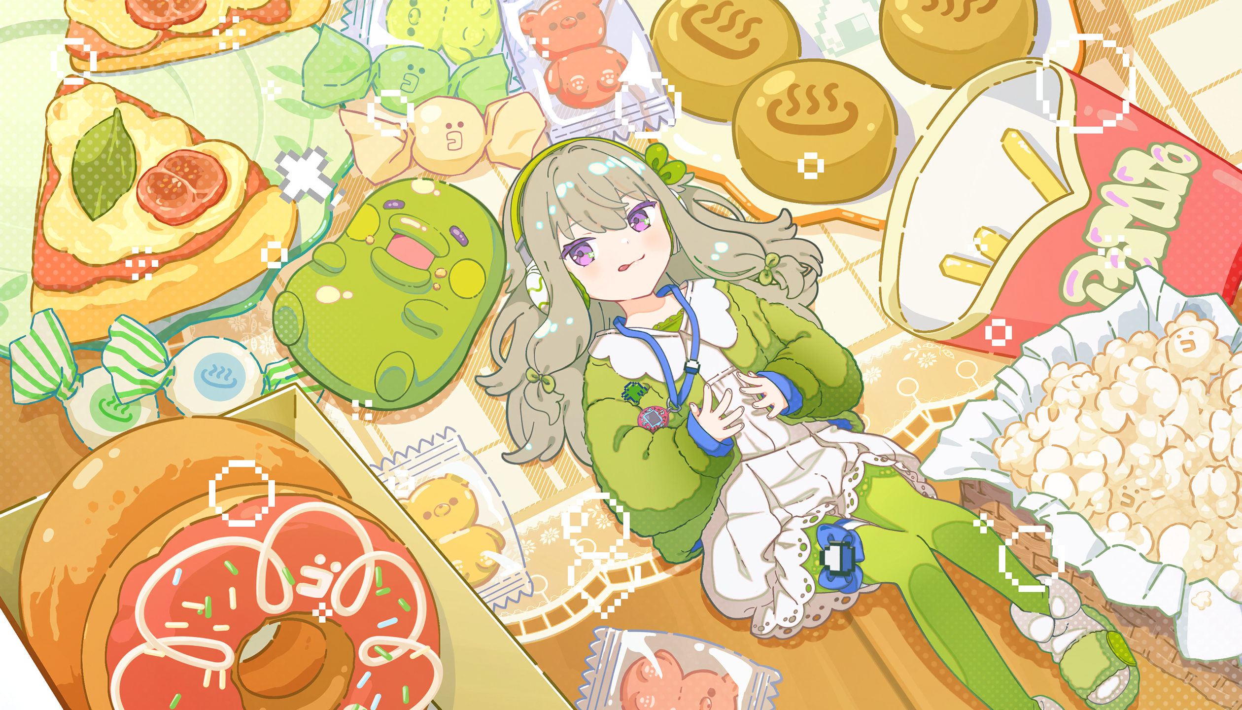 colorful palette, kuchipatchi, kusanagi nene, project sekai, tamagotchi, game cg, highres, official art, third-party source, 1girl, basket, blush, candy, donut, dress, food, foot out of frame, french fries, green hairband, green jacket, green pantyhose, green shoes, grey hair, gummy bear, hairband, jacket, lying, official alternate costume, onsen symbol, pantyhose, pizza, plate, popcorn, purple eyes, shoes, tamagotchi (creature), tamagotchi (virtual pet), tongue, virtual pet (toy), white dress, wrapped candy
