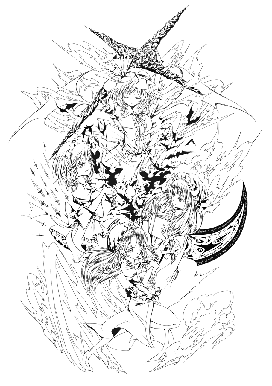 shippori, shishou, hong meiling, izayoi sakuya, patchouli knowledge, remilia scarlet, embodiment of scarlet devil, touhou, highres, 4girls, beret, braid, cross, dress, female focus, greyscale, hat, long hair, looking at viewer, maid headdress, mob cap, monochrome, multiple girls, simple background, twin braids, vampire, very long hair, white background, wings