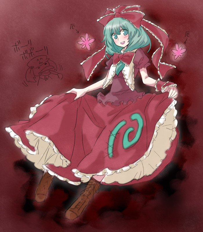 arata iri, kagiyama hina, touhou, bad id, bad pixiv id, 1girl, female focus, front ponytail, green hair, long hair, ribbon, skirt hold, solo