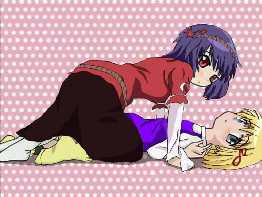 tamuracchi, moriya suwako, yasaka kanako, hidamari sketch, touhou, bad id, bad pixiv id, derivative work, third-party edit, 2girls, blonde hair, female focus, hair ornament, leaf, leaf hair ornament, multiple girls, parody, purple hair, rope