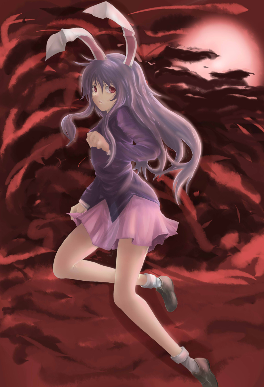 bateen, miyako (overlook), reisen udongein inaba, touhou, bad id, bad pixiv id, highres, 1girl, animal ears, female focus, long hair, nature, outdoors, plant, purple hair, rabbit ears, skirt, sky, socks, solo