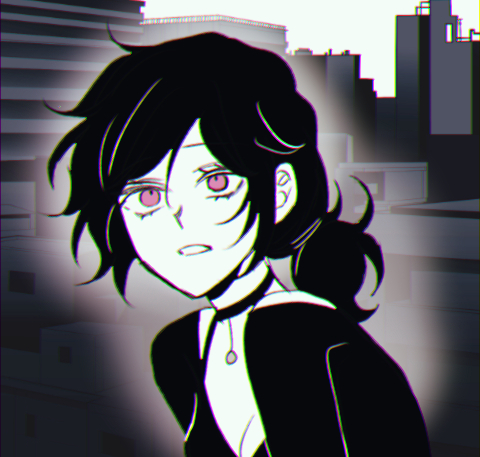passport herb, ashley graves, the coffin of andy and leyley, commentary, english commentary, lowres, 1girl, black choker, black hair, black shirt, bra strap, building, choker, chromatic aberration, clenched teeth, hair between eyes, looking ahead, low ponytail, medium hair, outdoors, pink eyes, ponytail, shirt, simple background, single bare shoulder, sky, solo, teeth, upper body, white sky