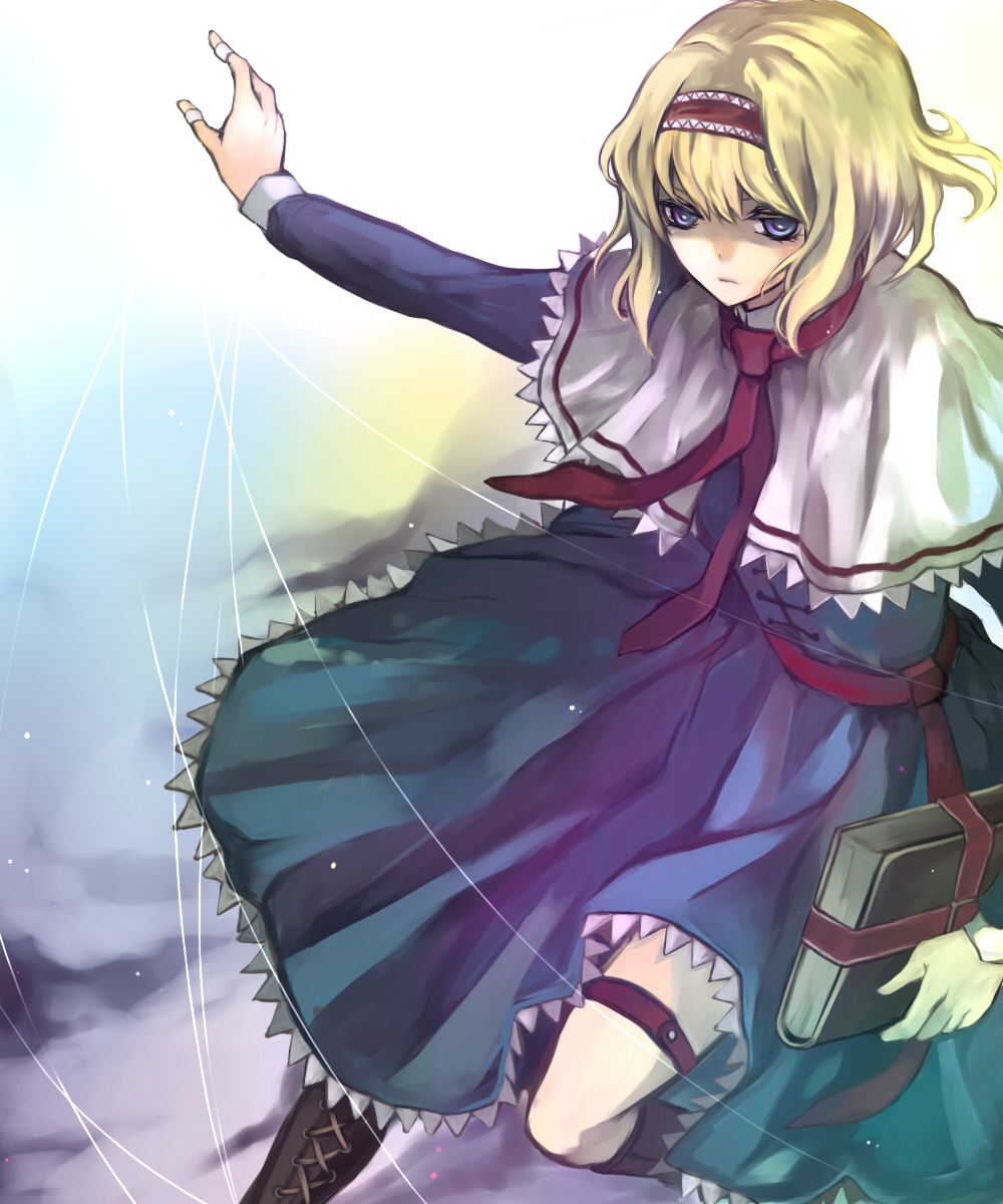 hina (pico), hina (pixiv), alice margatroid, touhou, bad id, bad pixiv id, highres, 1girl, blonde hair, book, female focus, gradient background, short hair, solo, white background