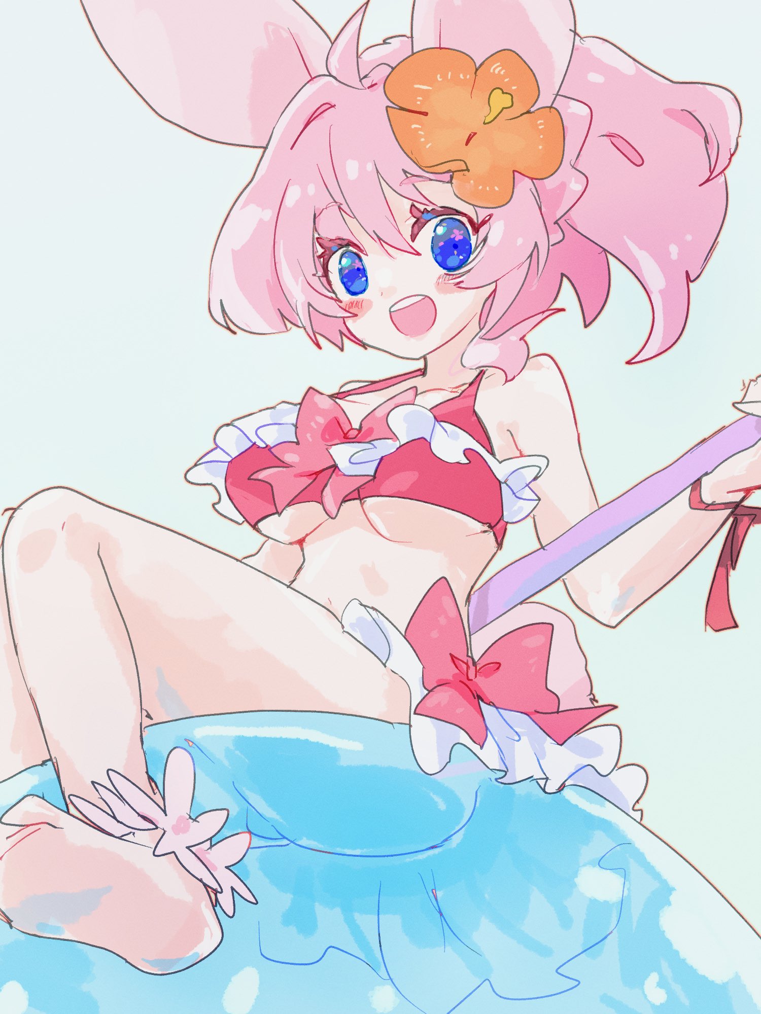yusa yuyu, emil chronicle online, highres, 1girl, ahoge, animal ears, barefoot, bikini, blue eyes, breasts, flower, frilled anklet, frilled bikini, frills, grey background, hair flower, hair ornament, holding, holding stick, large breasts, minnie doe alma, on bubble, open mouth, ponytail, rabbit ears, rabbit girl, red bikini, solo, stick, swimsuit
