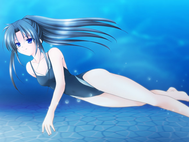non-web source, black hair, blue eyes, competition swimsuit, long hair, one-piece swimsuit, ponytail, solo, swimming, swimsuit, underwater