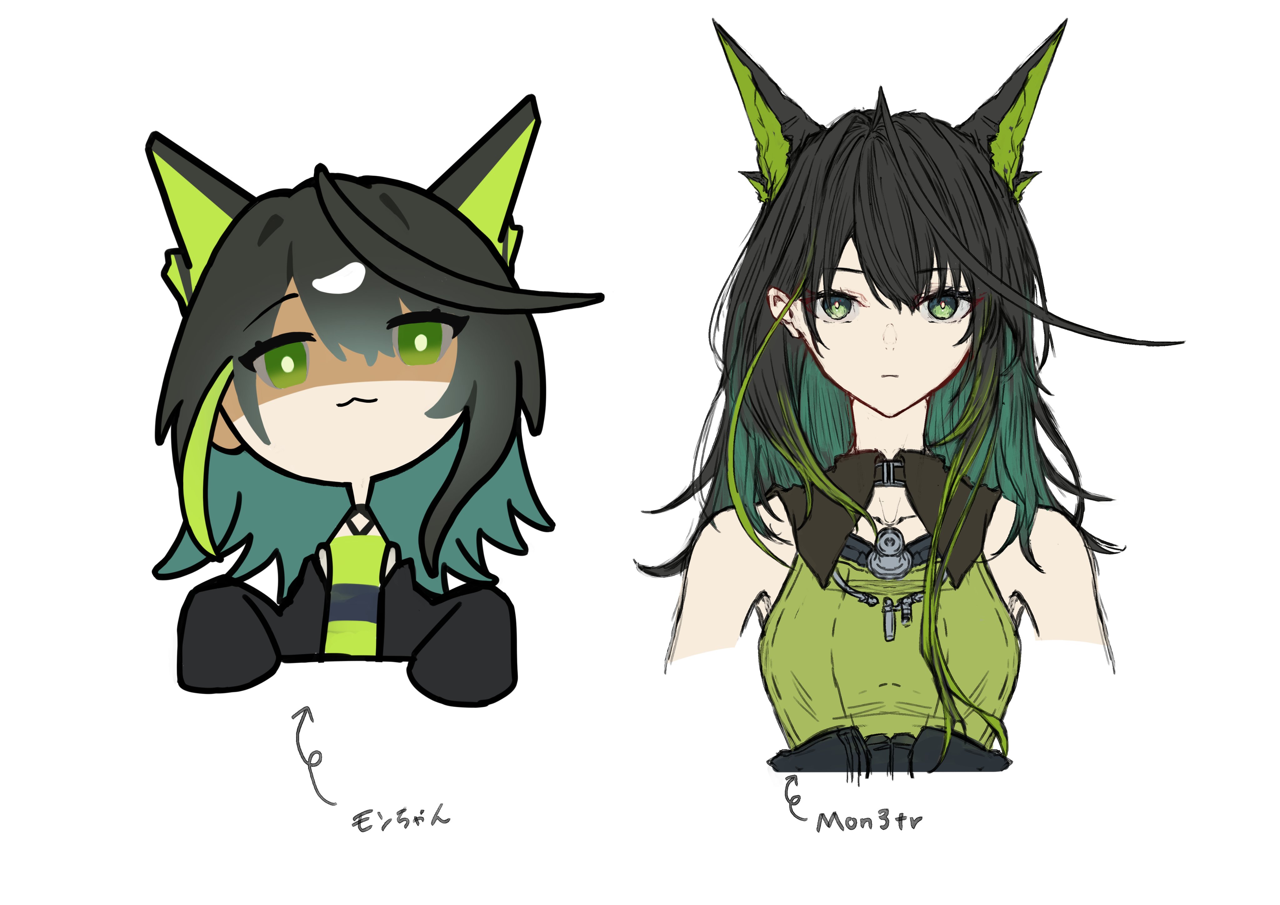 knm kamakura, mon3tr (arknights), arknights, absurdres, highres, 1girl, :3, asymmetrical sidelocks, black hair, breasts, character name, chibi, chibi inset, dress, expressionless, green dress, green eyes, green hair, hair between eyes, hands up, looking at viewer, medium breasts, medium hair, partially shaded face, sidelocks, simple background, sleeves past fingers, sleeves past wrists, smug, white background