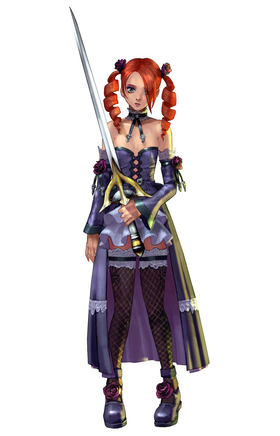 amy sorel, soul calibur, soulcalibur, soulcalibur iii, highres, 1girl, choker, detached sleeves, dress, drill hair, female focus, fishnet thighhighs, fishnets, flower, gothic lolita, lolita fashion, orange hair, rapier, rose, solo, sword, thighhighs, twintails, weapon