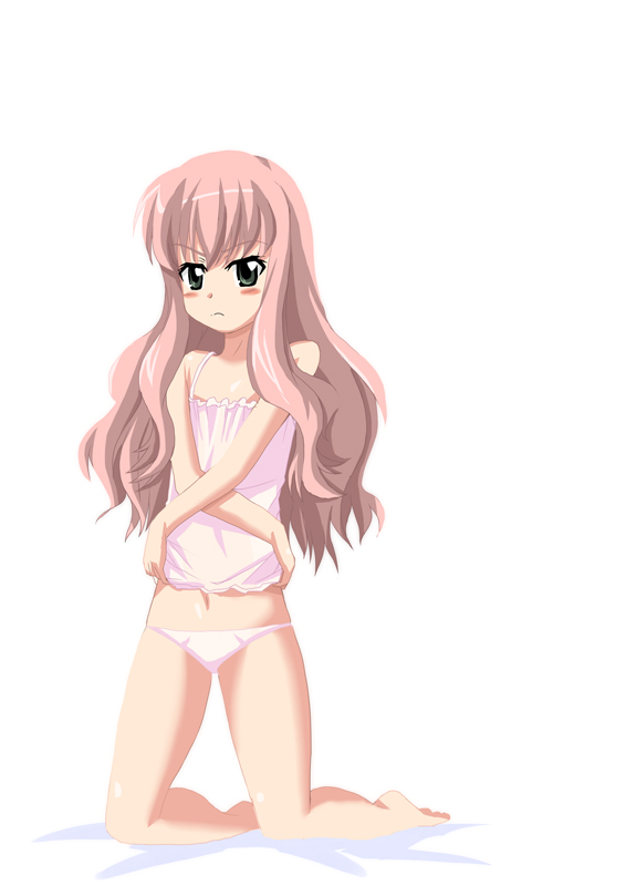 louise francoise le blanc de la valliere, zero no tsukaima, artist request, non-web source, 00s, bed, camisole, green eyes, kneeling, loli, long hair, panties, pink hair, solo, underwear