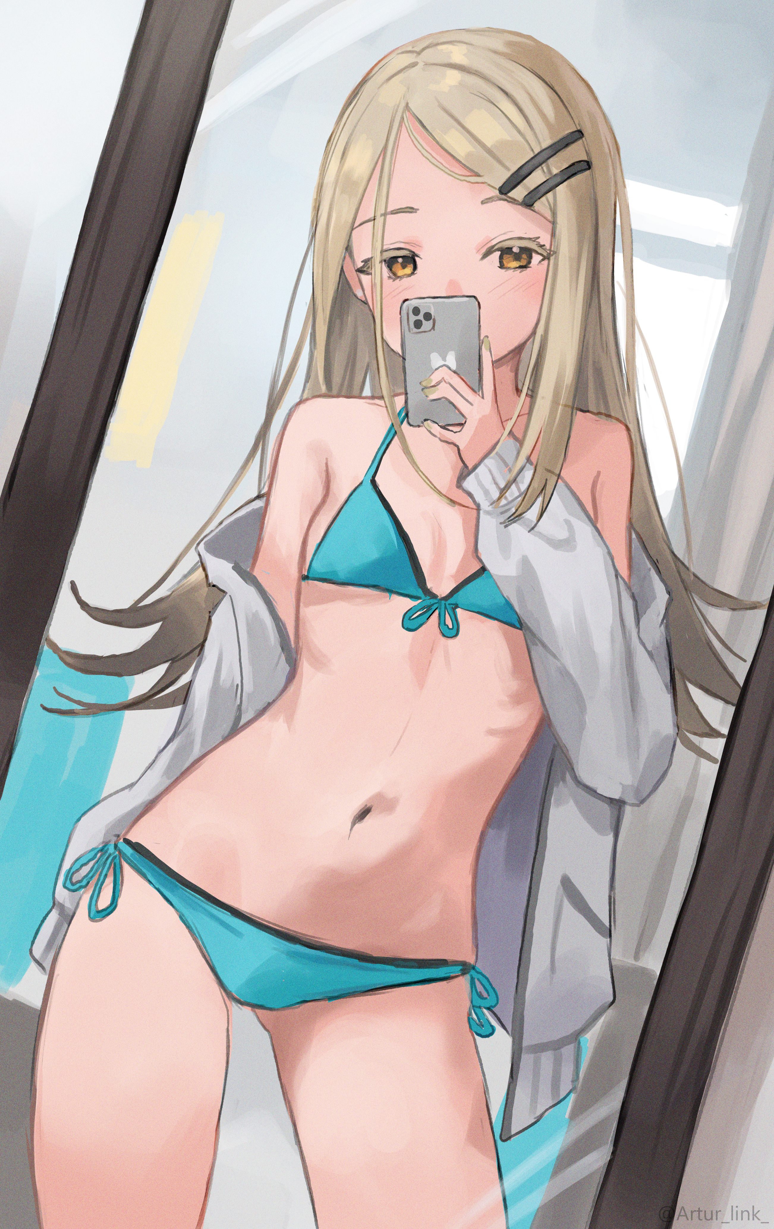 artur link, shinosawa hiro, gakuen idolmaster, idolmaster, absurdres, highres, 1girl, bikini, blonde hair, blue bikini, breasts, cardigan, collarbone, colored eyelashes, covered mouth, dutch angle, flipped hair, front-tie bikini top, front-tie top, full-length mirror, grey cardigan, hair ornament, hairclip, holding, holding phone, indoors, long hair, looking at viewer, mirror, mirror selfie, navel, parted bangs, phone, reflection, reflection focus, ribs, selfie, side-tie bikini bottom, small breasts, solo, standing, stomach, swimsuit, thighs, twitter username, very long hair