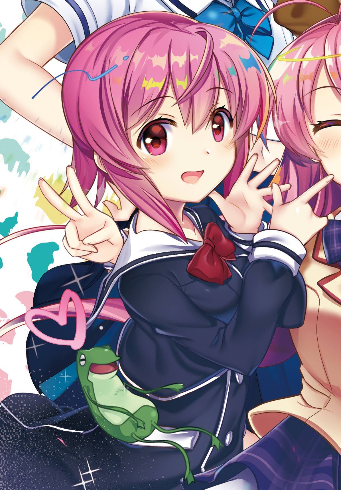 rotte (1109), onoe serika, sakihata rimi, chaos;child, chaos;head, robotics;notes, science adventure, highres, 1girl, blazer, blush, bow, bowtie, breasts, brown jacket, buttons, chest bow, chuo tanegashima high school uniform, closed eyes, collared shirt, cropped jacket, double-breasted, dress shirt, dress vest, gero-froggy, hair bow, heart, hekiho academy school uniform, in-franchise crossover, jacket, lapels, long sleeves, medium breasts, miniskirt, necktie, notched lapels, one side up, pink eyes, pink hair, plaid bow, plaid bowtie, plaid clothes, plaid necktie, plaid skirt, pleated skirt, purple bow, purple bowtie, purple skirt, red bow, sailor collar, school uniform, shirt, skirt, suimei academy school uniform, v, white sailor collar, white shirt