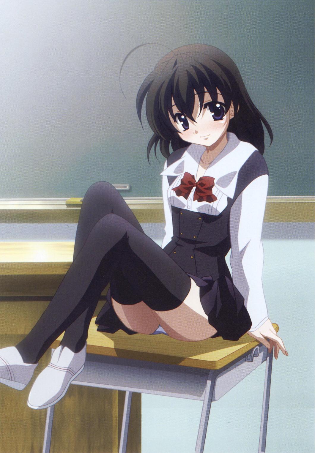 saionji sekai, school days, highres, non-web source, official art, scan, scan artifacts, 00s, 1girl, ahoge, antenna hair, black thighhighs, blouse, blush, female focus, panties, pantyshot, school uniform, serafuku, shirt, solo, thighhighs, underwear, white shirt, zettai ryouiki