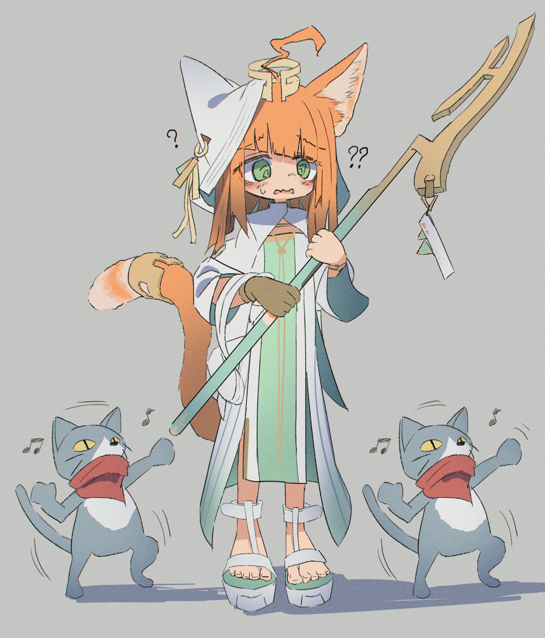 takenuco, papyrus (arknights), arknights, highres, 1girl, ?, ??, ahoge, animal ear fluff, animal ears, blunt bangs, blush, cat, cat ears, cat girl, cat tail, confused, dancing, diagonal bangs, ears under headwear, green eyes, grey background, holding, holding staff, hooded dress, medium hair, mini tiara, orange hair, orange tail, platform sandals, sandals, staff, tail, tail ornament, tail ring, tiara