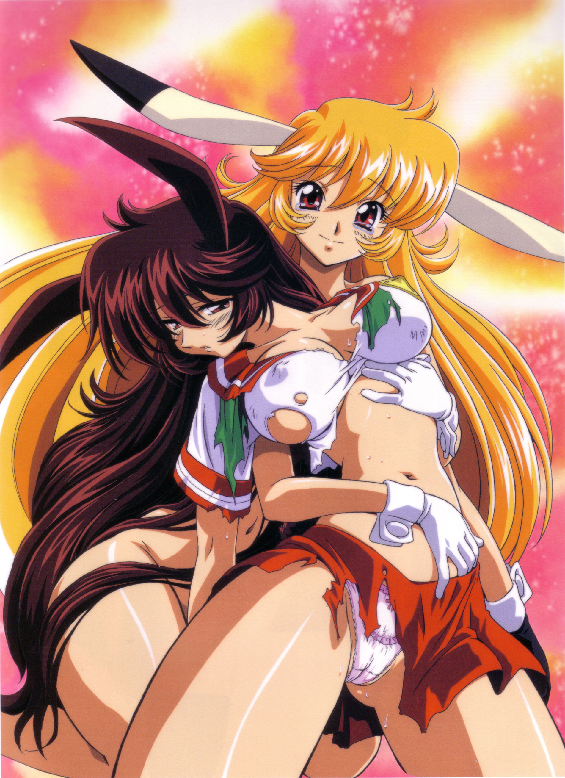 kimura takahiro, inaba mikami, mimika, usagi-chan de cue, absurdres, highres, official art, 00s, 1990s (style), 2girls, animal ears, blonde hair, breasts, brown hair, cameltoe, covered erect nipples, dual persona, gloves, large breasts, long hair, midriff, multiple girls, navel, no bra, no panties, nude, panties, rabbit ears, red eyes, retro artstyle, school uniform, serafuku, sexually suggestive, skirt, sweat, tears, topless female, torn clothes, underwear, very long hair