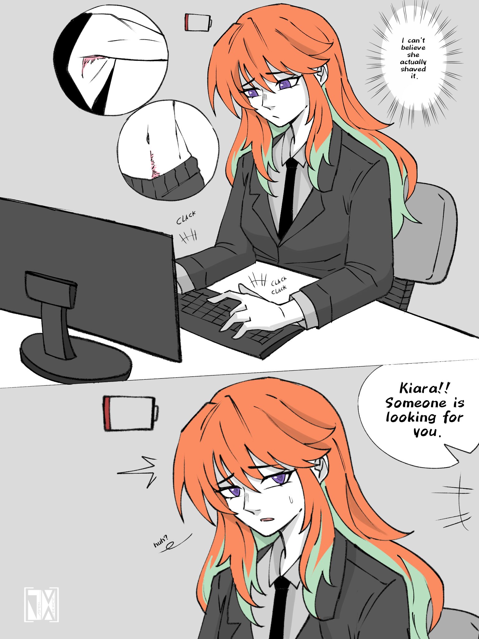 jasper xandros, mori calliope, takanashi kiara, hololive, hololive english, highres, 2girls, alternate costume, armpit hair, breasts, business suit, cameo, chair, collared shirt, formal clothes, large breasts, long hair, multicolored hair, multiple girls, office, office chair, office lady, open mouth, orange hair, pubic hair, pubic hair peek, shirt, suit, swivel chair, virtual youtuber