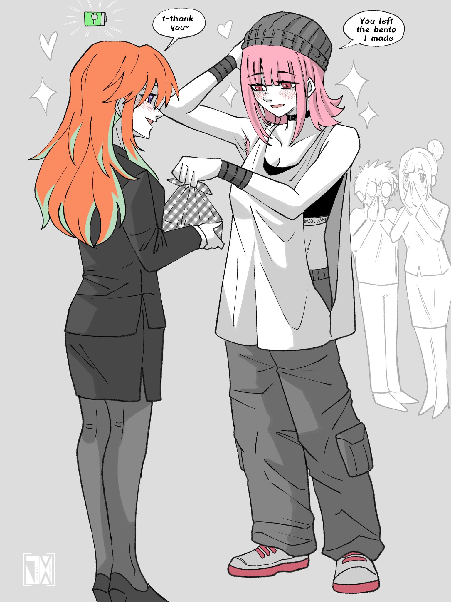 jasper xandros, mori calliope, takanashi kiara, hololive, hololive english, highres, 2girls, alternate costume, armpit hair, black pantyhose, black skirt, breasts, business suit, collared shirt, couple, dress shirt, formal clothes, large breasts, long hair, multicolored hair, multiple girls, office lady, pantyhose, pencil skirt, shirt, skirt, skirt suit, suit, virtual youtuber, yuri