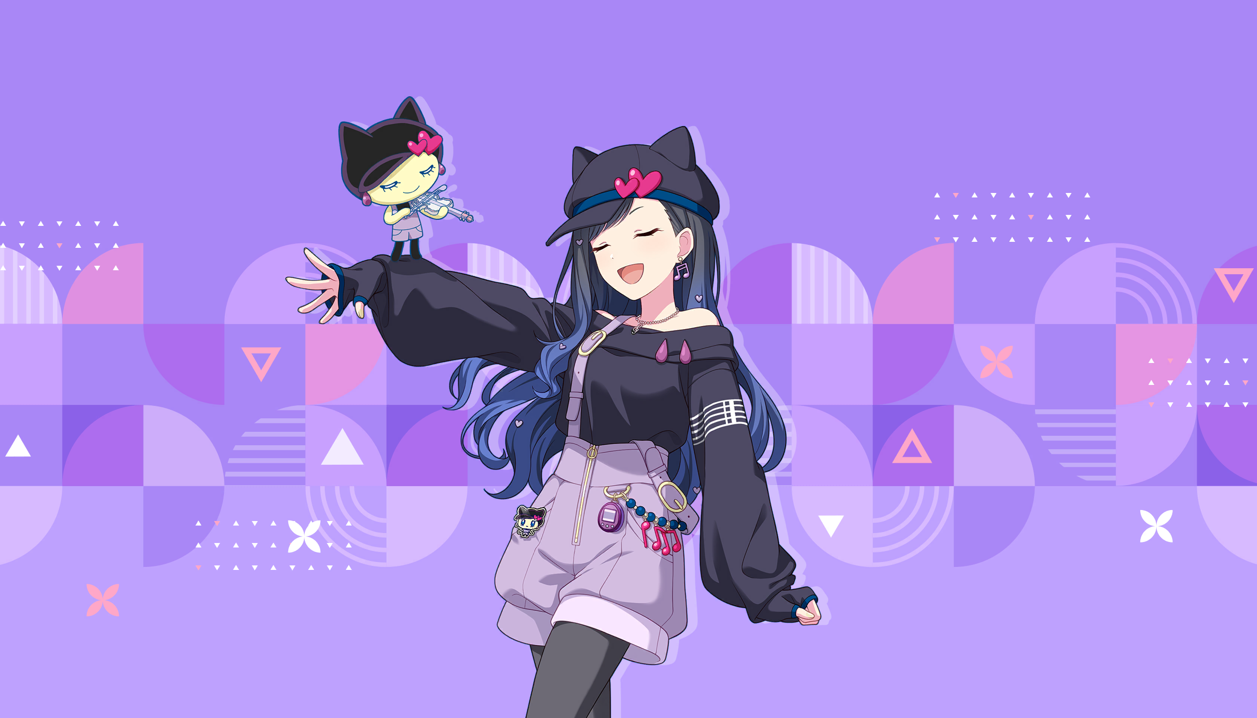 colorful palette, shiraishi an, project sekai, tamagotchi, game cg, highres, official art, third-party source, 1girl, :d, alternate costume, black hair, black hat, black pantyhose, black shirt, blue hair, bow (music), charm (object), closed eyes, closed mouth, earrings, gradient hair, hair ornament, hat, heart, heart hair ornament, holding, holding bow (music), holding instrument, holding violin, instrument, jewelry, long sleeves, melodytchi, multicolored hair, musical note earrings, open mouth, pantyhose, puffy long sleeves, puffy sleeves, purple background, purple shorts, shirt, shorts, smile, suspender shorts, suspenders, tamagotchi (creature), tamagotchi (virtual pet), tongue, triangle, u u, violin, virtual pet (toy)