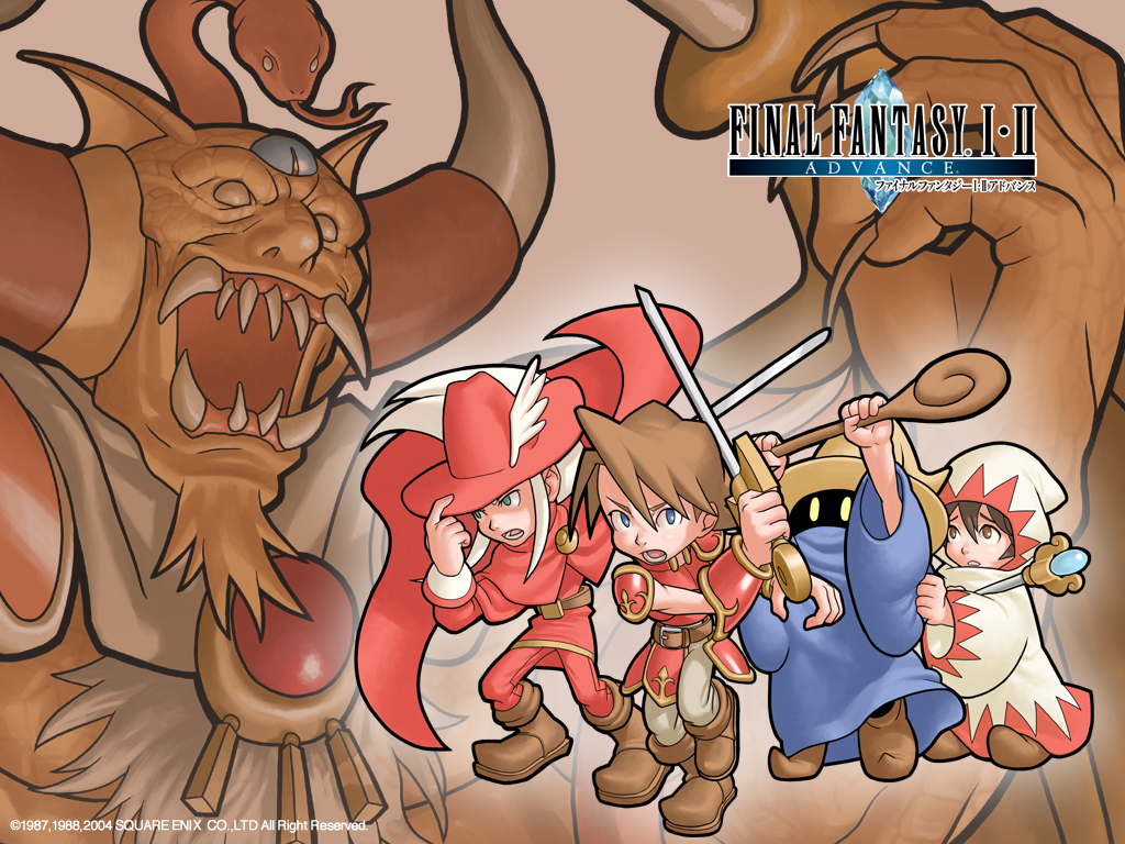 black mage (final fantasy), chaos (ff1), red mage (final fantasy), warrior (final fantasy), warrior of light (ff1), white mage (final fantasy), final fantasy, final fantasy i, square enix, artist request, official art, official wallpaper, 00s, 1girl, 2004, 3boys, armor, black skin, blue eyes, boots, brown eyes, brown hair, cape, chibi, cloak, colored skin, copyright name, dark skin, green eyes, hat, long hair, monster, multiple boys, open mouth, robe, short hair, staff, sword, warrior, weapon, white hair, witch hat, yellow eyes